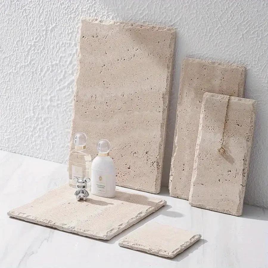 Natural Stone Hand-Carved Weathered Edge Coaster & Tray Set - Beige/ Eroded Texture, Non-Slip Rectangular Tabletop Organizer with Rounded Edges, Multi-Size Stone Coasters and Tray for Minimalist Vanity, Bathroom, Kitchen, Cof by House Of Avana