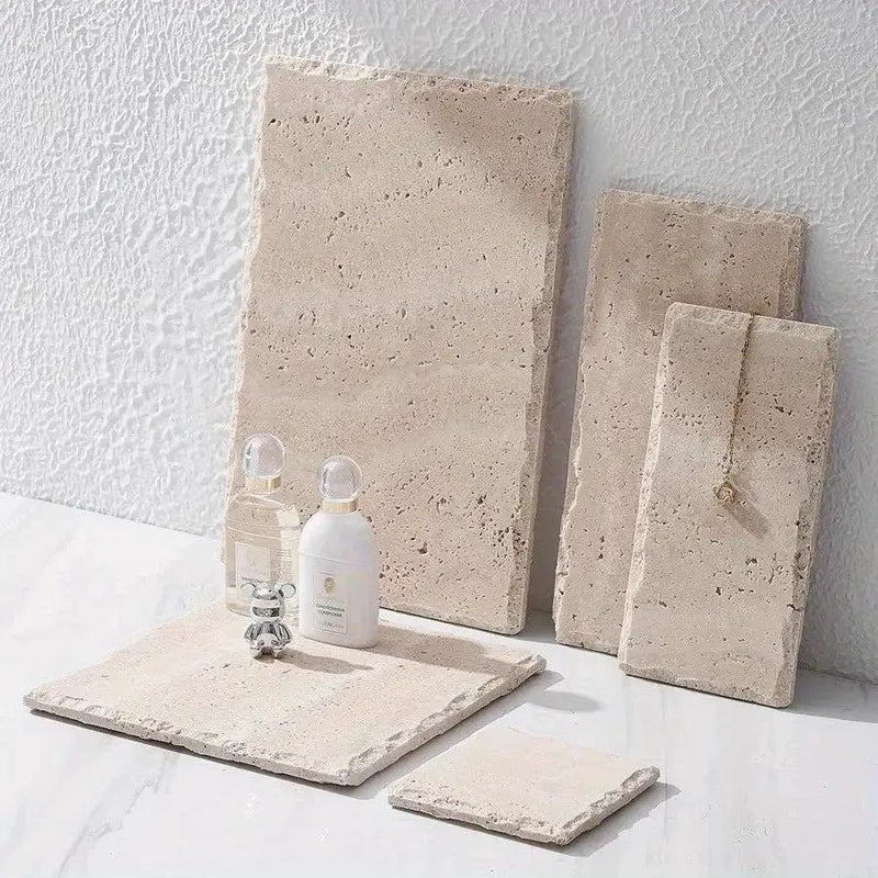Natural Stone Hand-Carved Weathered Edge Coaster & Tray Set - Beige/ Eroded Texture, Non-Slip Rectangular Tabletop Organizer with Rounded Edges, Multi-Size Stone Coasters and Tray for Minimalist Vanity, Bathroom, Kitchen, Cof by House Of Avana