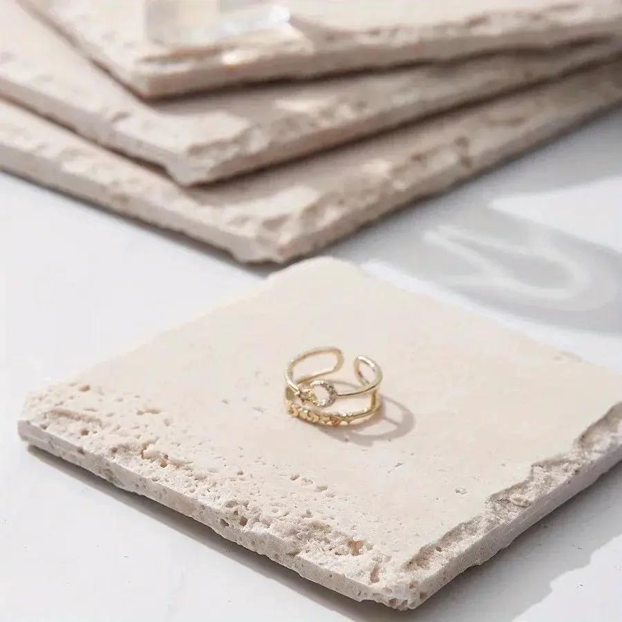 Natural Stone Hand-Carved Weathered Edge Coaster & Tray Set - Beige/ Eroded Texture, Non-Slip Rectangular Tabletop Organizer with Rounded Edges, Multi-Size Stone Coasters and Tray for Minimalist Vanity, Bathroom, Kitchen, Cof by House Of Avana