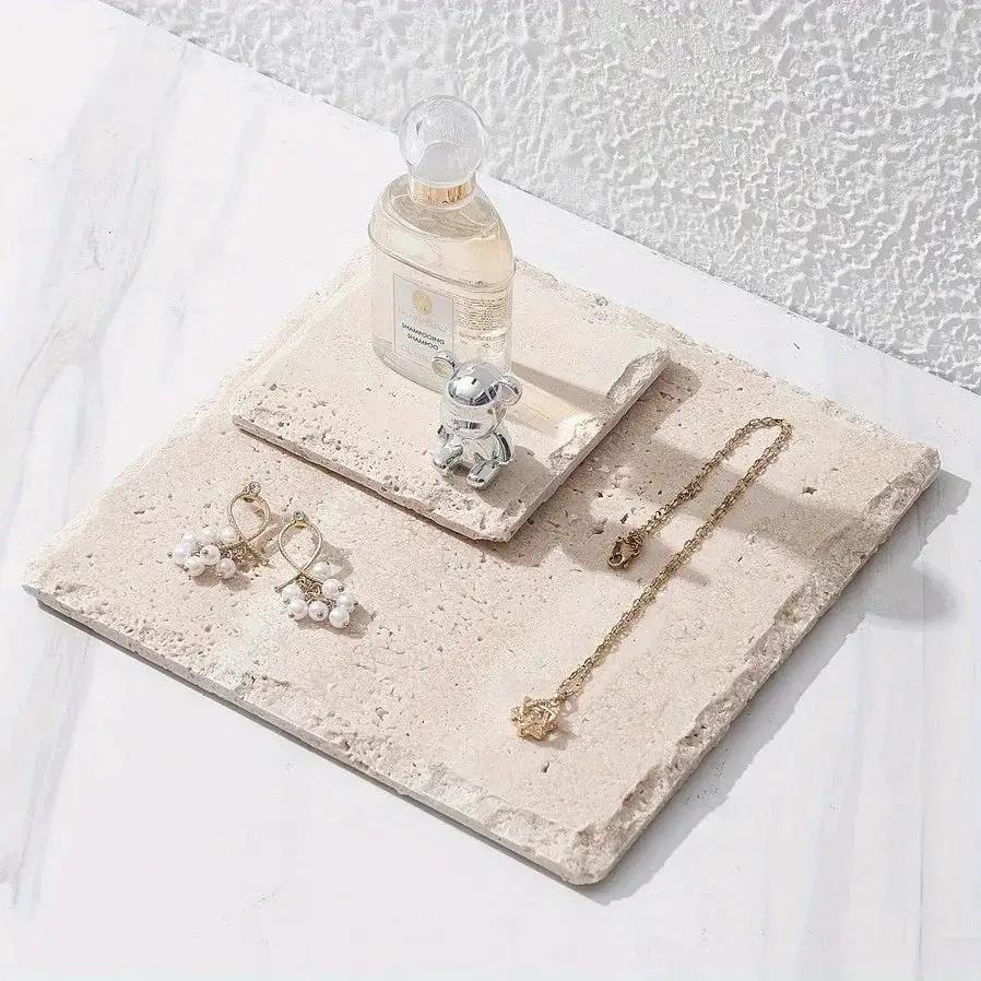 Natural Stone Hand-Carved Weathered Edge Coaster & Tray Set - Beige/ Eroded Texture, Non-Slip Rectangular Tabletop Organizer with Rounded Edges, Multi-Size Stone Coasters and Tray for Minimalist Vanity, Bathroom, Kitchen, Cof by House Of Avana