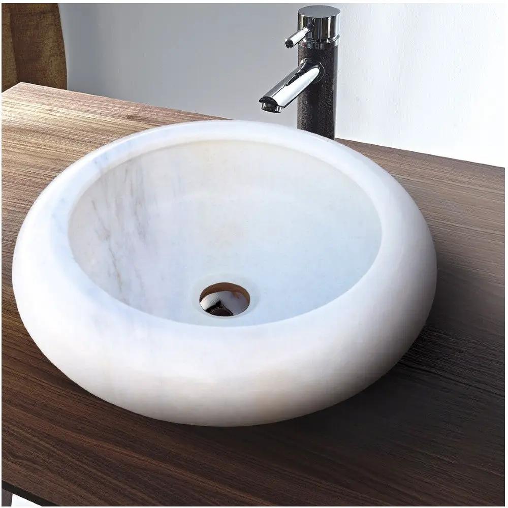 Carrara White Marble Natural Stone Vessel Sink D15.5 Inch H6 by GobekDesign