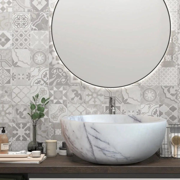 New York White Marble Polished Round Vessel Sink Bathroom 12x5