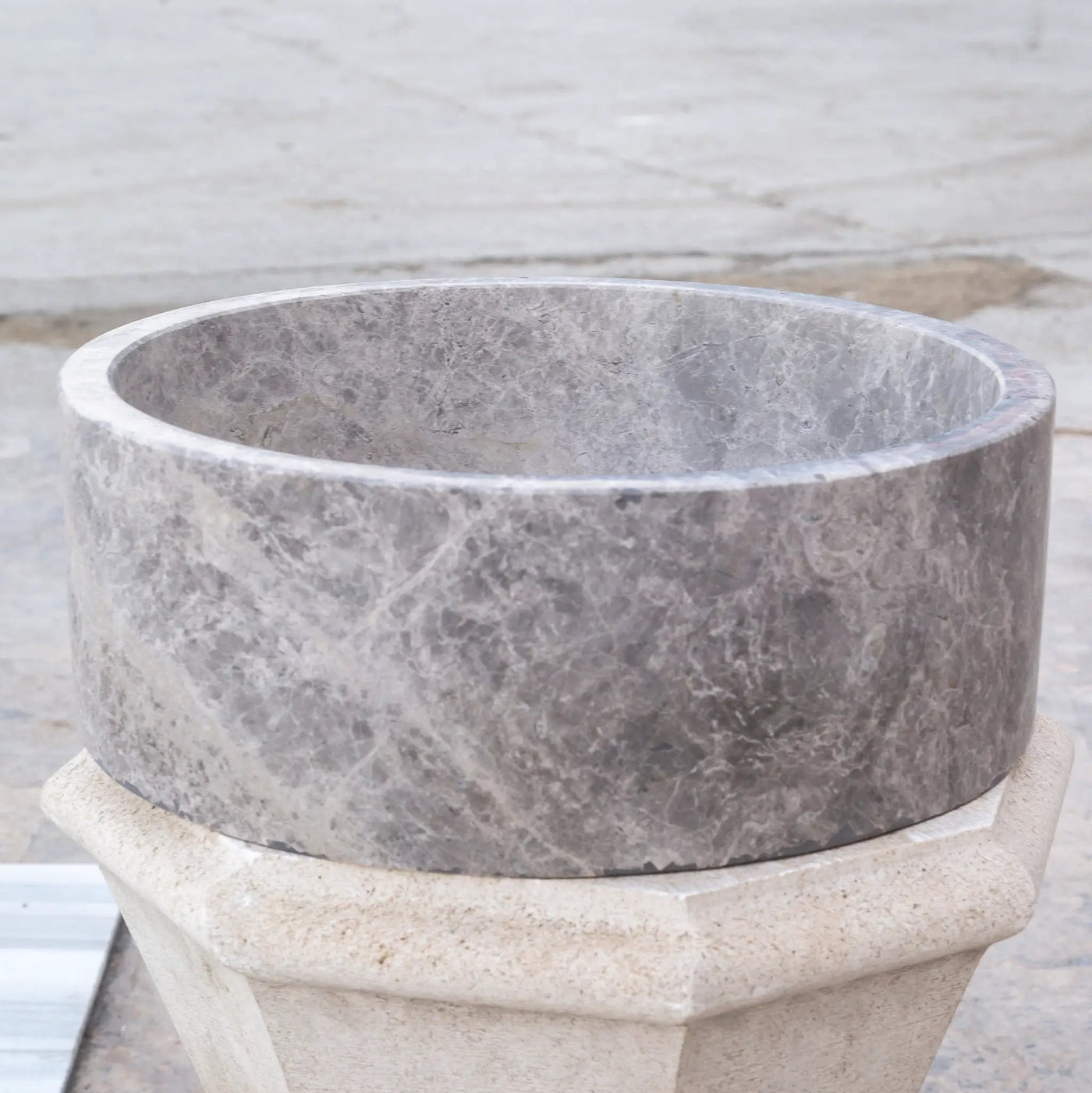 Natural Stone Tundra Grey Marble Round Vessel Sink Polished 16.5x6 by GobekDesign