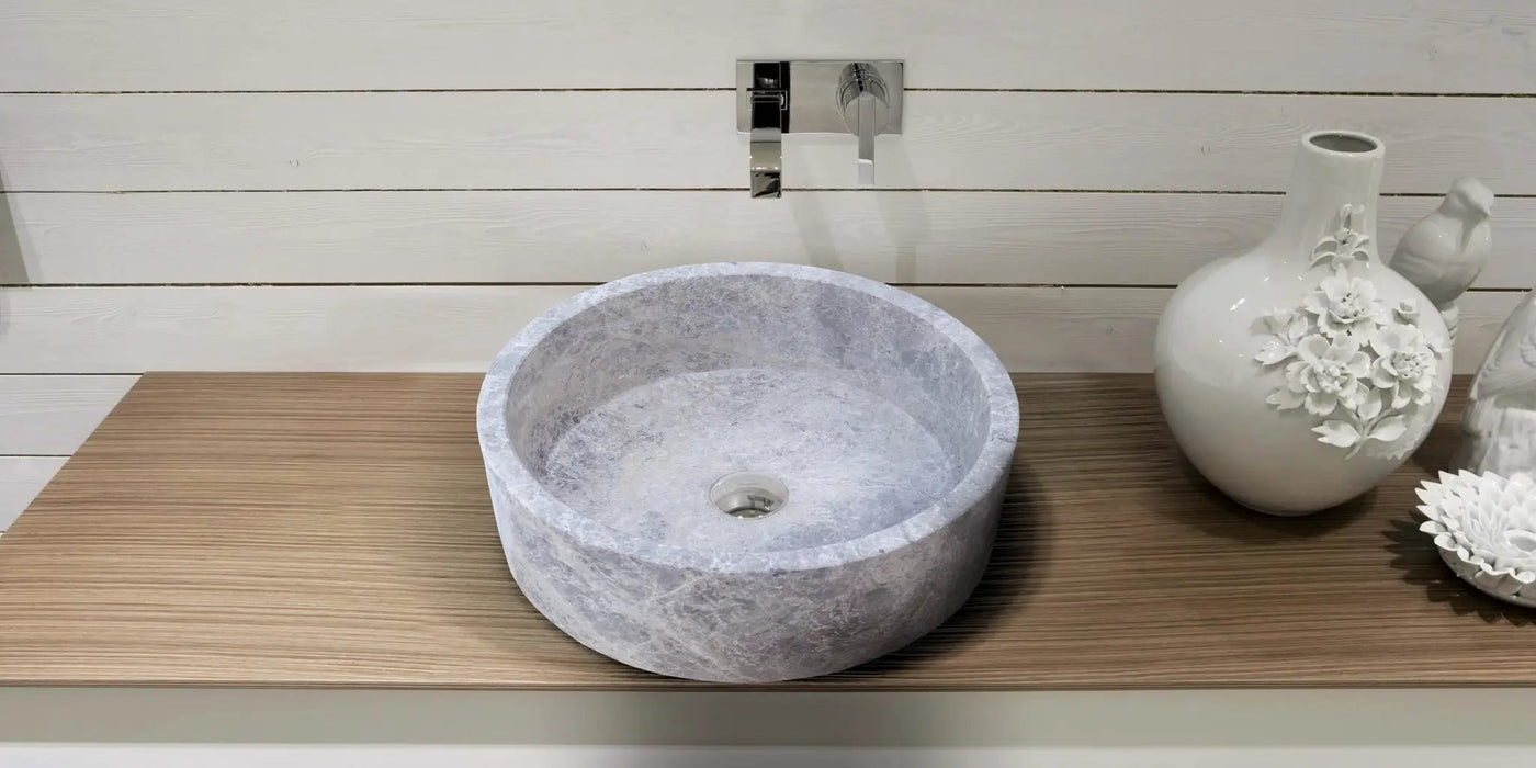 Natural Stone Tundra Grey Marble Round Vessel Sink Polished 16.5x6 by GobekDesign