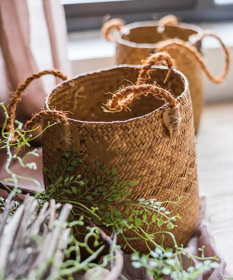 Natural Straw Basket Bag with Rope Handles (Set of 2) by RusticReach