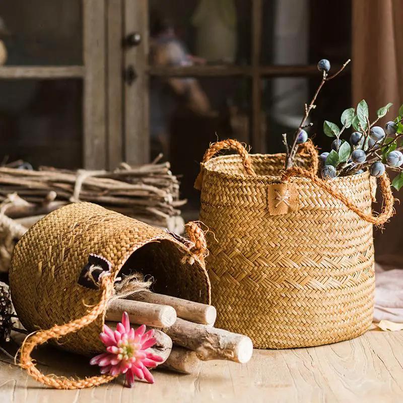 Natural Straw Basket Bag with Rope Handles (Set of 2) by RusticReach