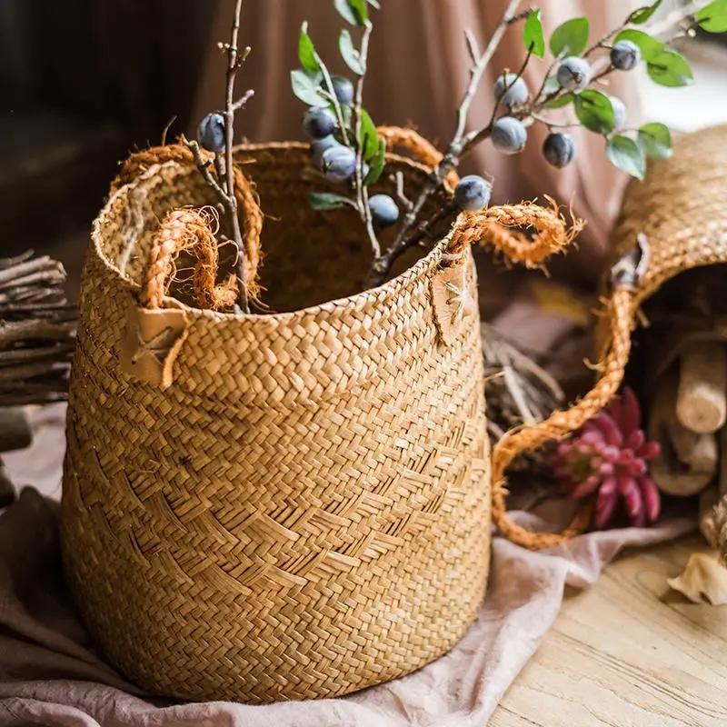 Natural Straw Basket Bag with Rope Handles (Set of 2) by RusticReach
