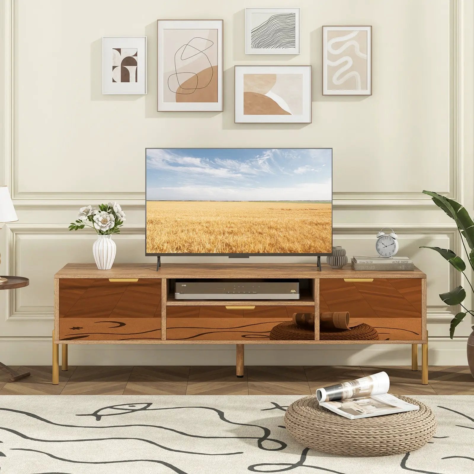 Mirrored TV Stand for TV up to 65 Inch with Spacious Tabletop and 2 Storage Cabinets-Natural by DirectDeals