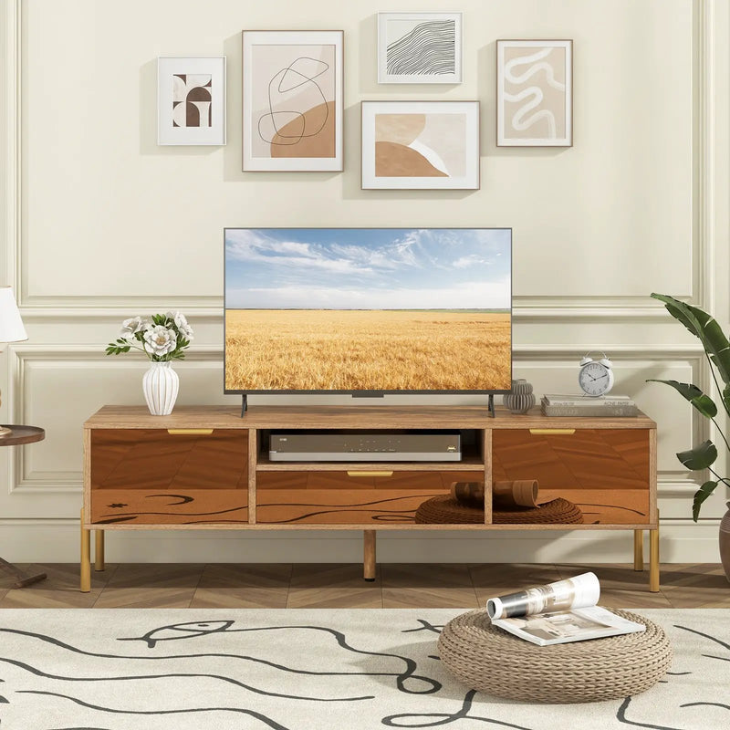 Mirrored TV Stand for TV up to 65 Inch with Spacious Tabletop and 2 Storage Cabinets-Natural by DirectDeals
