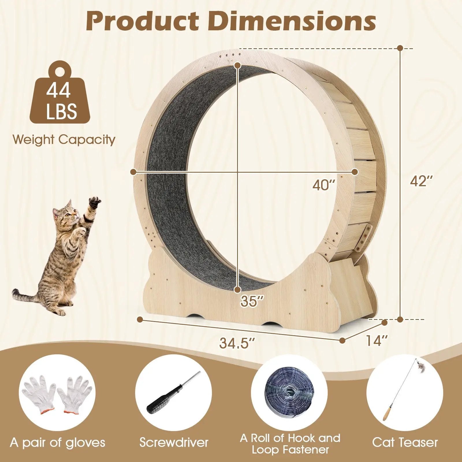 40 Inch Large Cat Exercise Wheel with Lockable Mechanism and Carpeted Runaway for Indoor Cats-Natural by DirectDeals