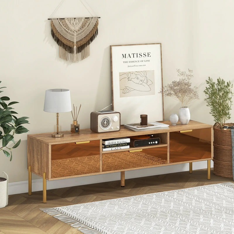 Mirrored TV Stand for TV up to 65 Inch with Spacious Tabletop and 2 Storage Cabinets-Natural by DirectDeals
