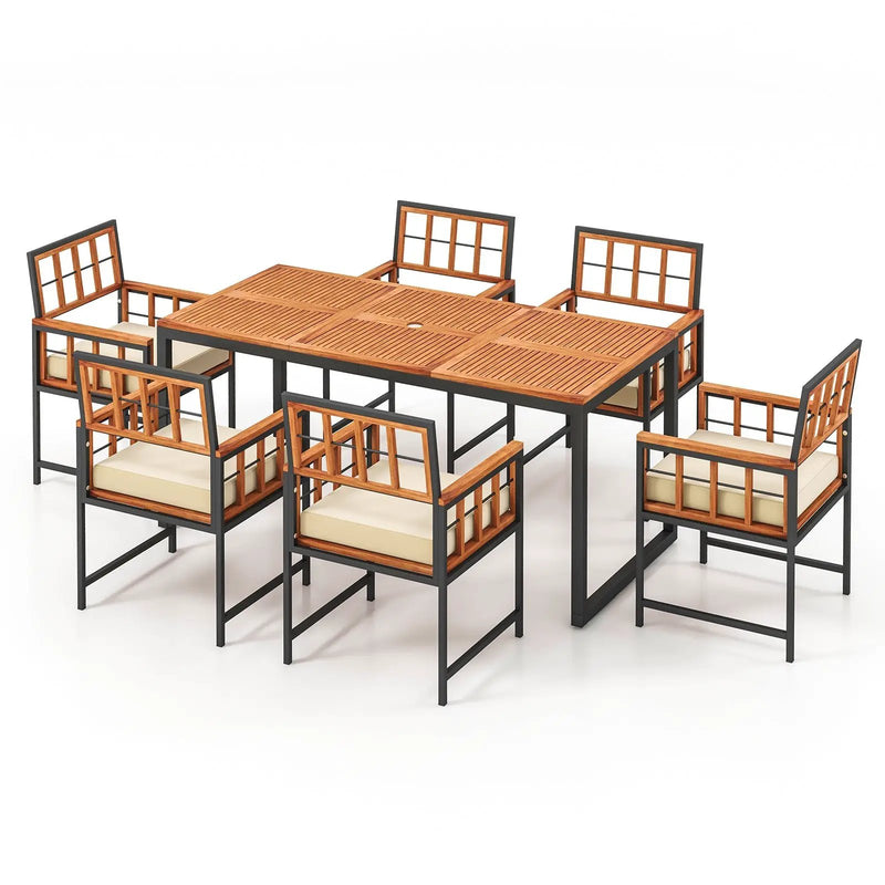 7 Pieces Patio Acacia Wood Dining Set with Soft Cushions and Umbrella Hole-Natural by DirectDeals