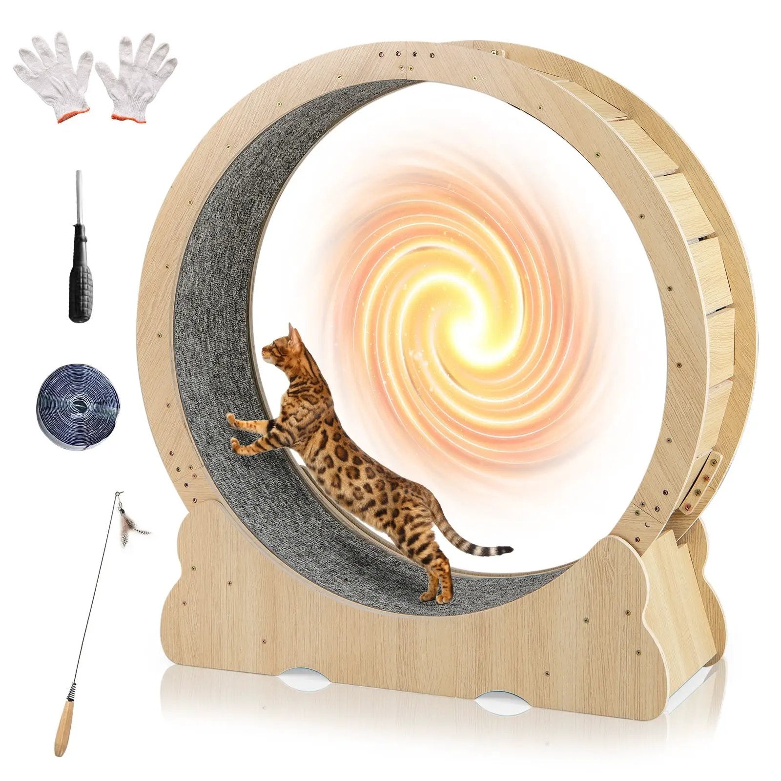 40 Inch Large Cat Exercise Wheel with Lockable Mechanism and Carpeted Runaway for Indoor Cats-Natural by DirectDeals