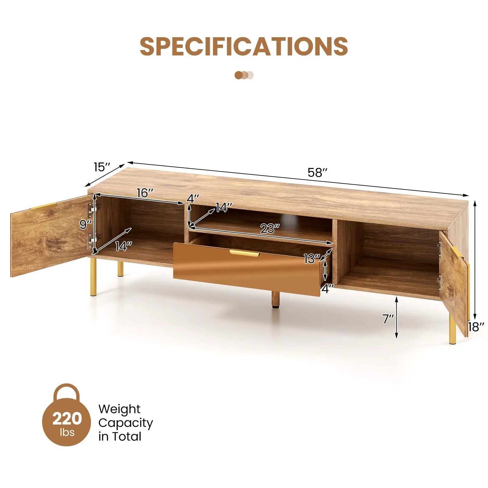 Mirrored TV Stand for TV up to 65 Inch with Spacious Tabletop and 2 Storage Cabinets-Natural by DirectDeals