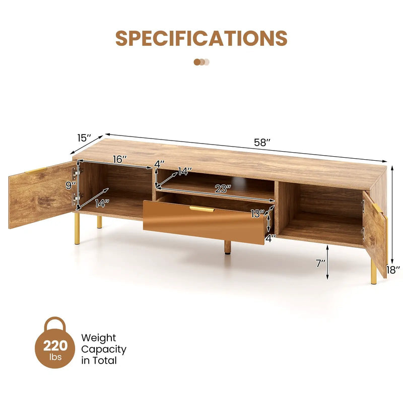 Mirrored TV Stand for TV up to 65 Inch with Spacious Tabletop and 2 Storage Cabinets-Natural by DirectDeals