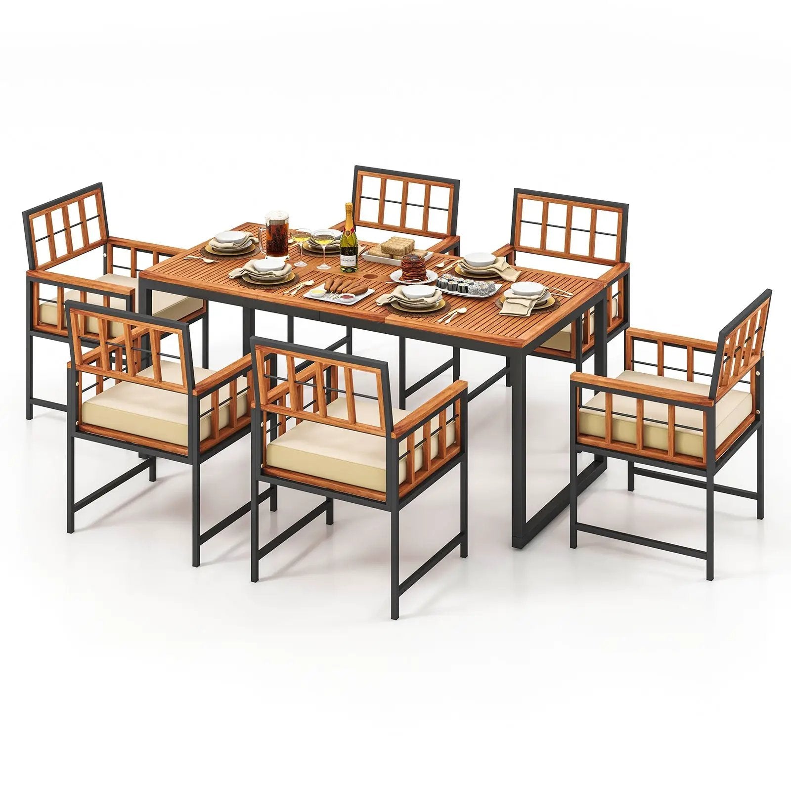 7 Pieces Patio Acacia Wood Dining Set with Soft Cushions and Umbrella Hole-Natural by DirectDeals
