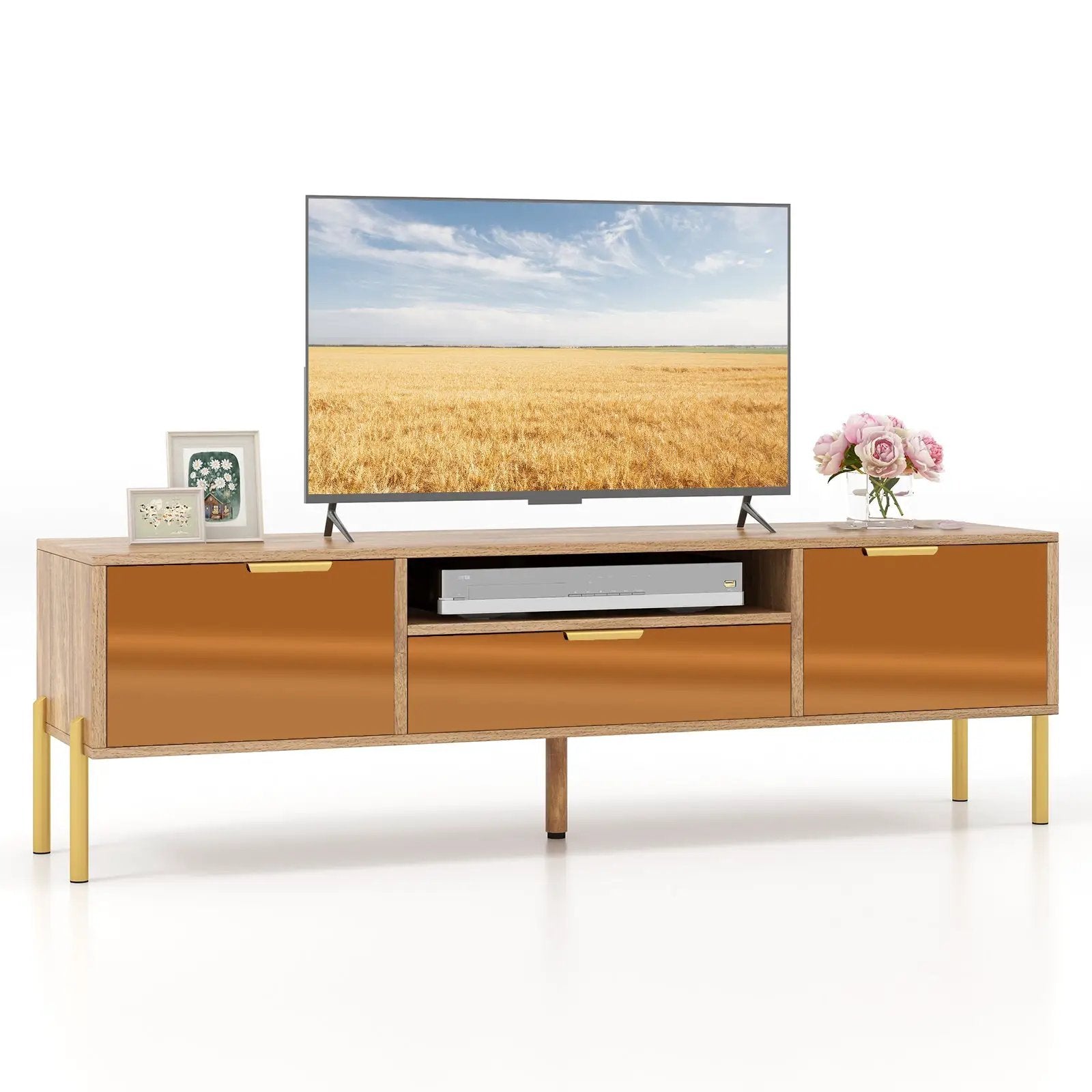 Mirrored TV Stand for TV up to 65 Inch with Spacious Tabletop and 2 Storage Cabinets-Natural by DirectDeals
