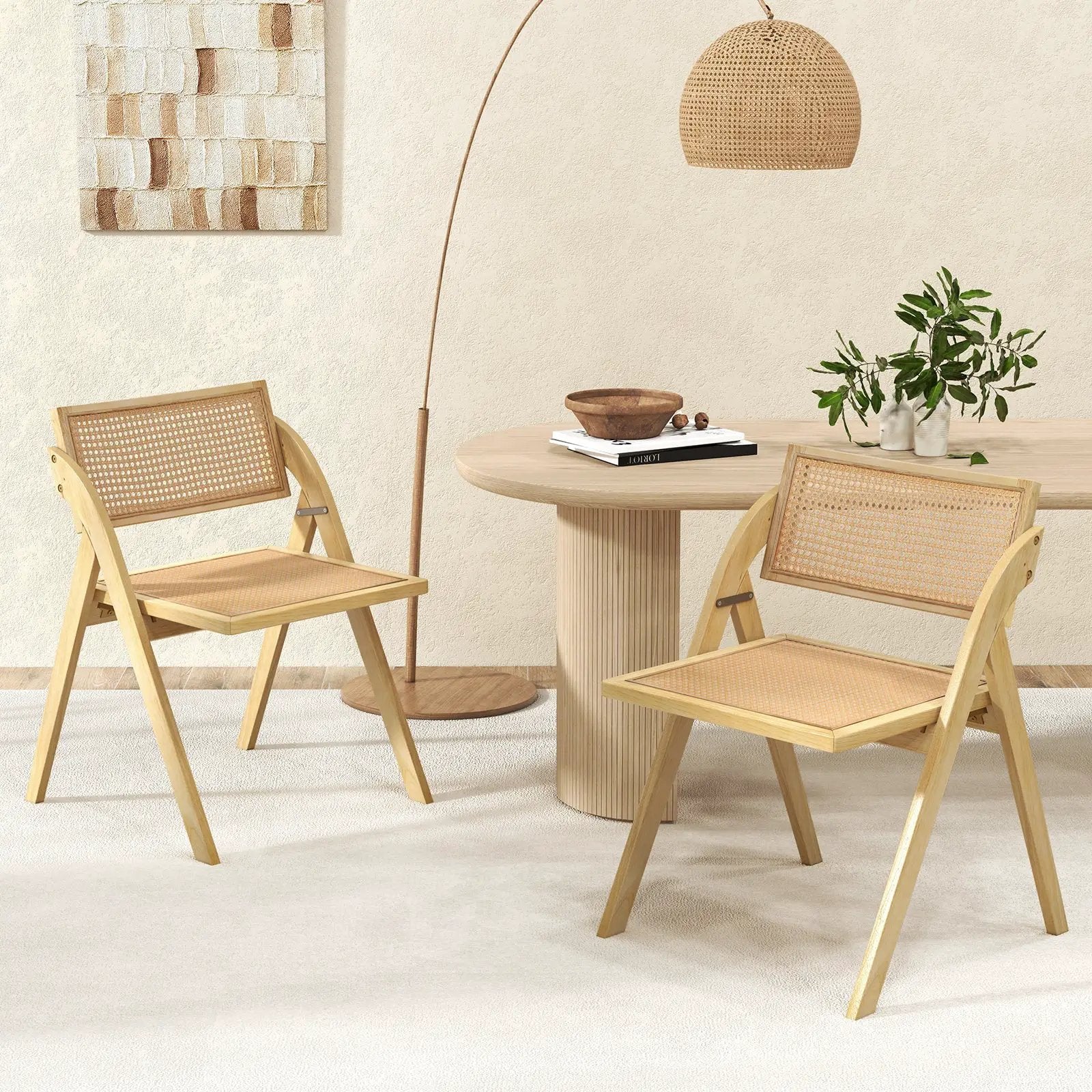 Foldable Dining Chairs Set of 2 with Woven Rattan Backrest by DirectDeals