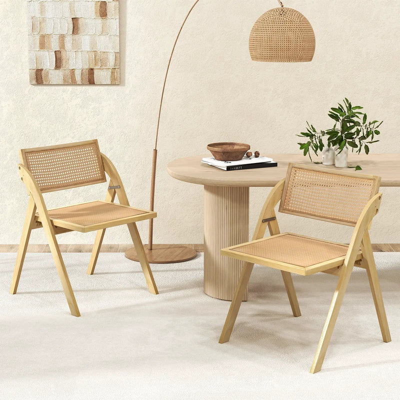 Foldable Dining Chairs Set of 2 with Woven Rattan Backrest by DirectDeals