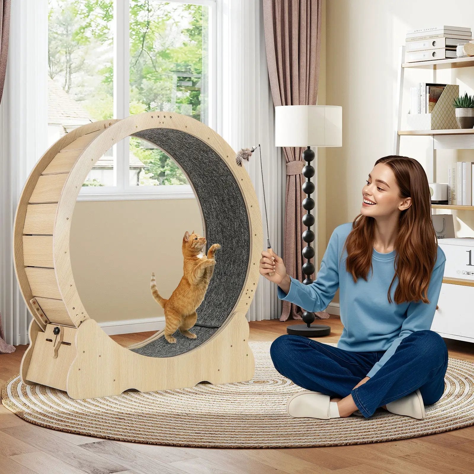 40 Inch Large Cat Exercise Wheel with Lockable Mechanism and Carpeted Runaway for Indoor Cats-Natural by DirectDeals
