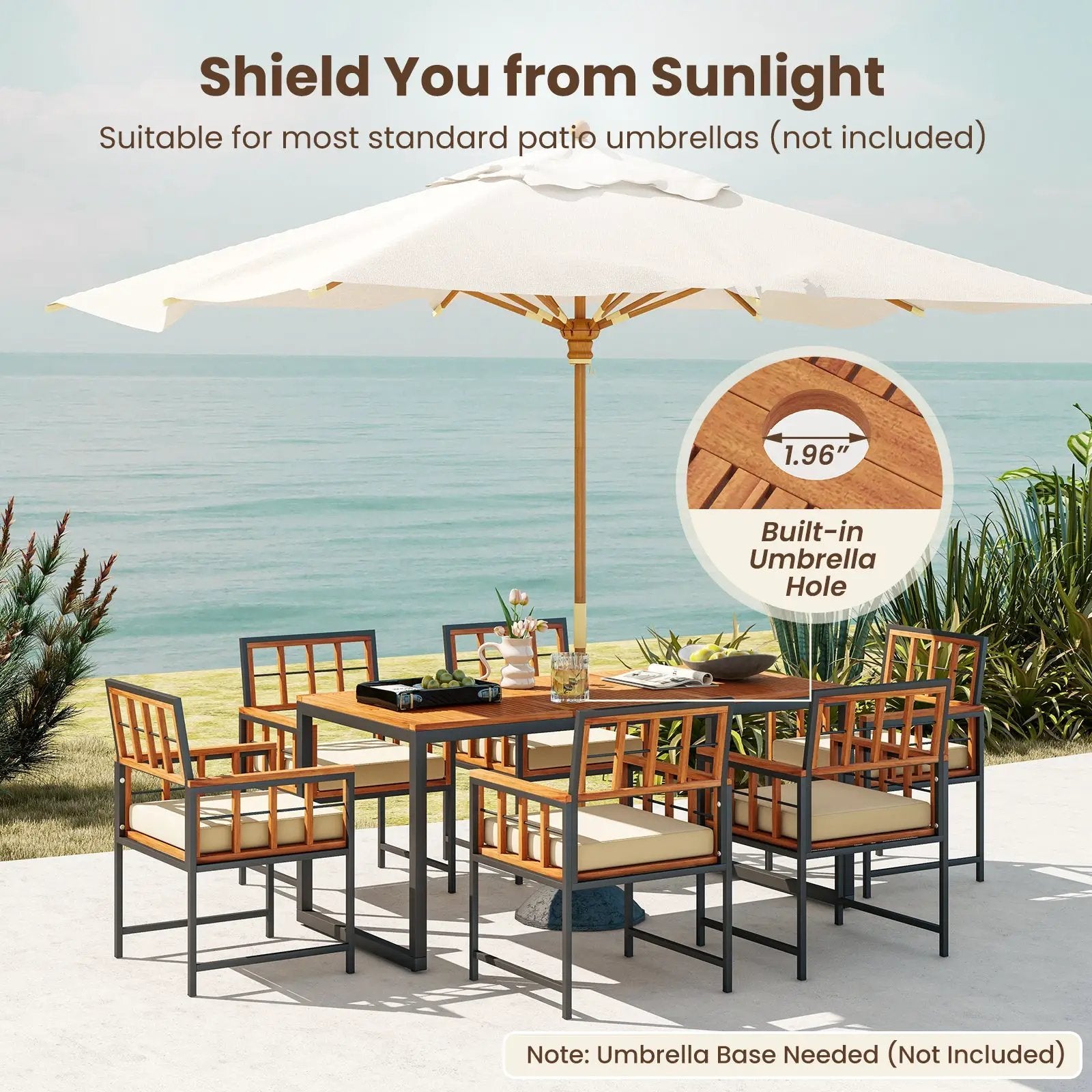 7 Pieces Patio Acacia Wood Dining Set with Soft Cushions and Umbrella Hole-Natural by DirectDeals