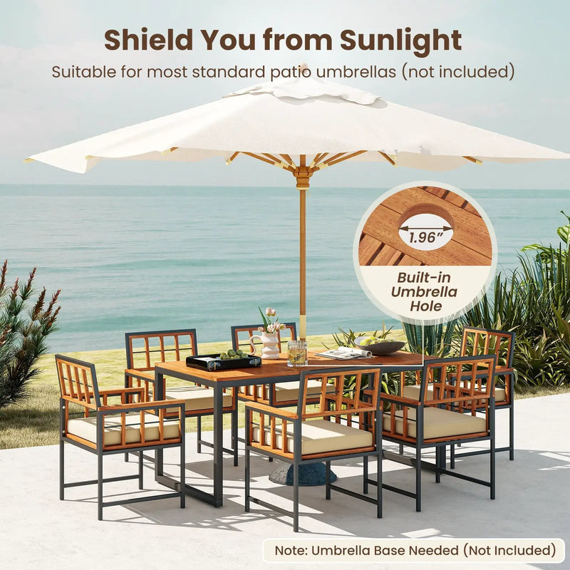 7 Pieces Patio Acacia Wood Dining Set with Soft Cushions and Umbrella Hole-Natural by DirectDeals