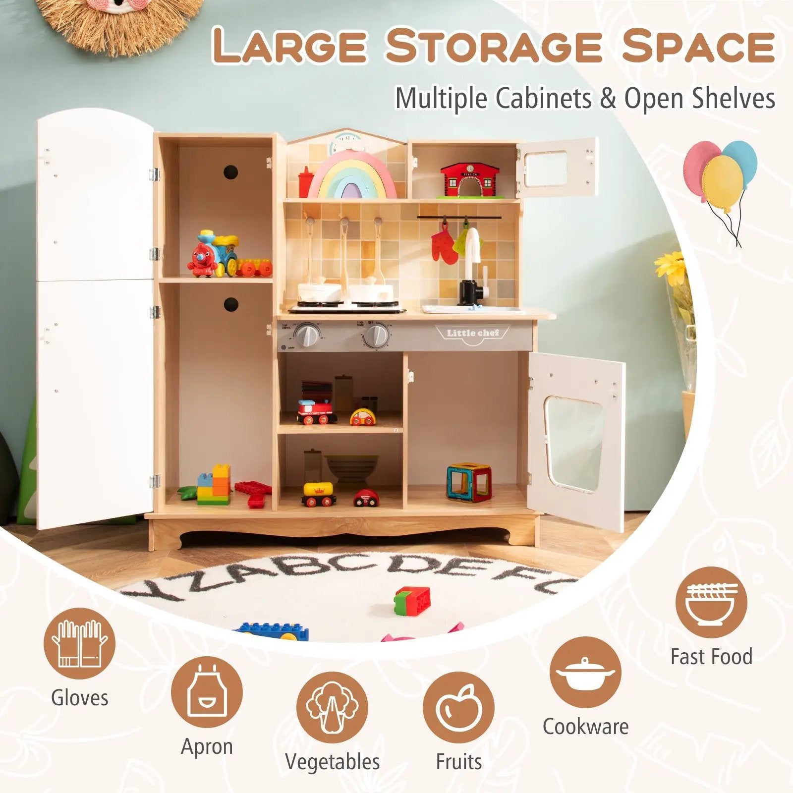 Wooden Kids Pretend Kitchen Playset Cooking Play Toy with Utensils and Sound by DirectDeals