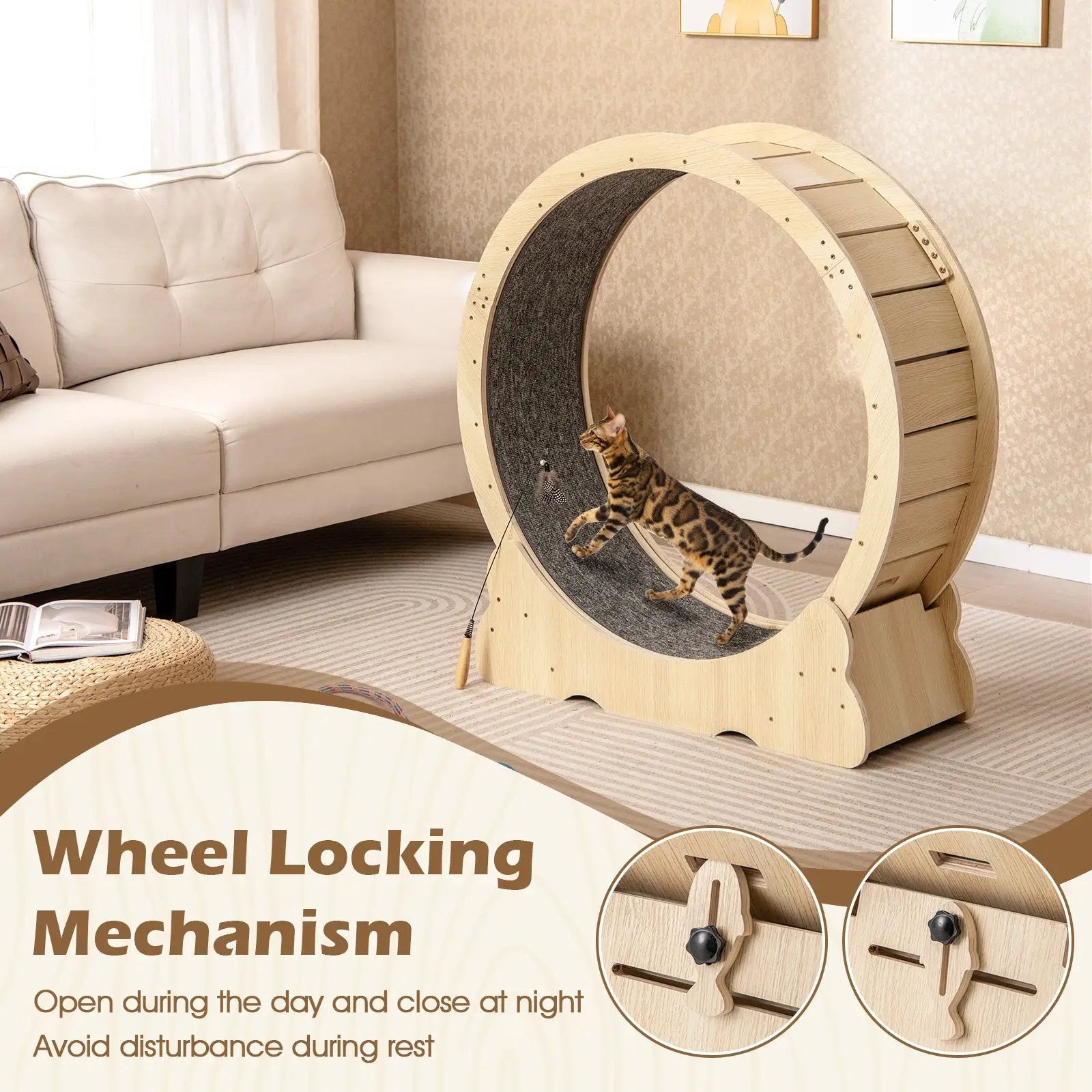 40 Inch Large Cat Exercise Wheel with Lockable Mechanism and Carpeted Runaway for Indoor Cats-Natural by DirectDeals