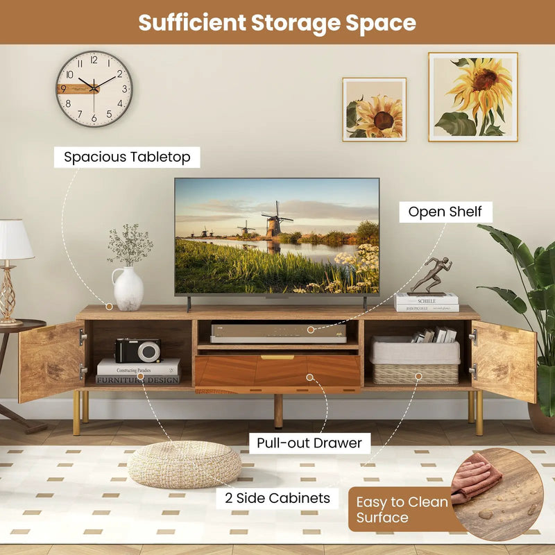 Mirrored TV Stand for TV up to 65 Inch with Spacious Tabletop and 2 Storage Cabinets-Natural by DirectDeals