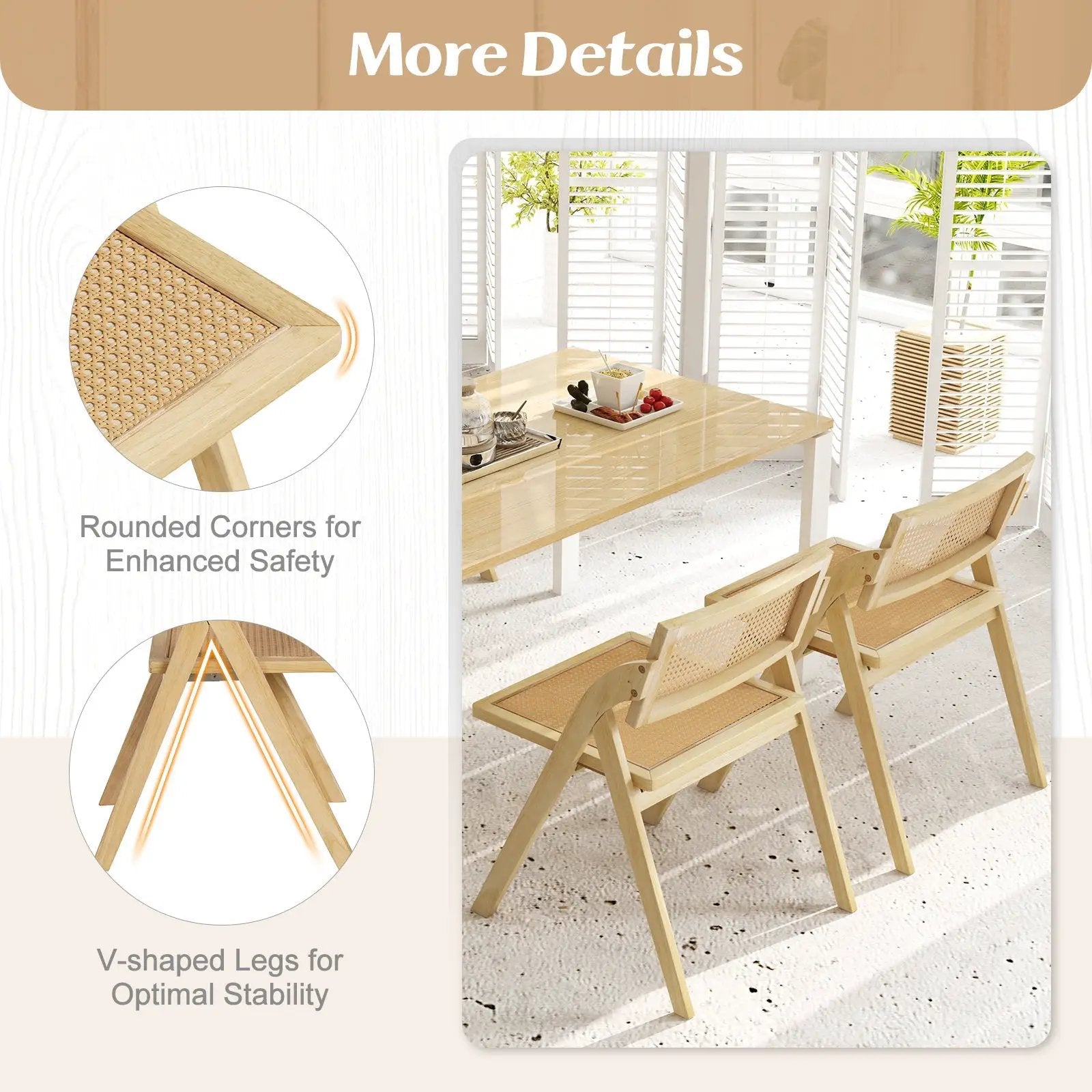 Foldable Dining Chairs Set of 2 with Woven Rattan Backrest by DirectDeals