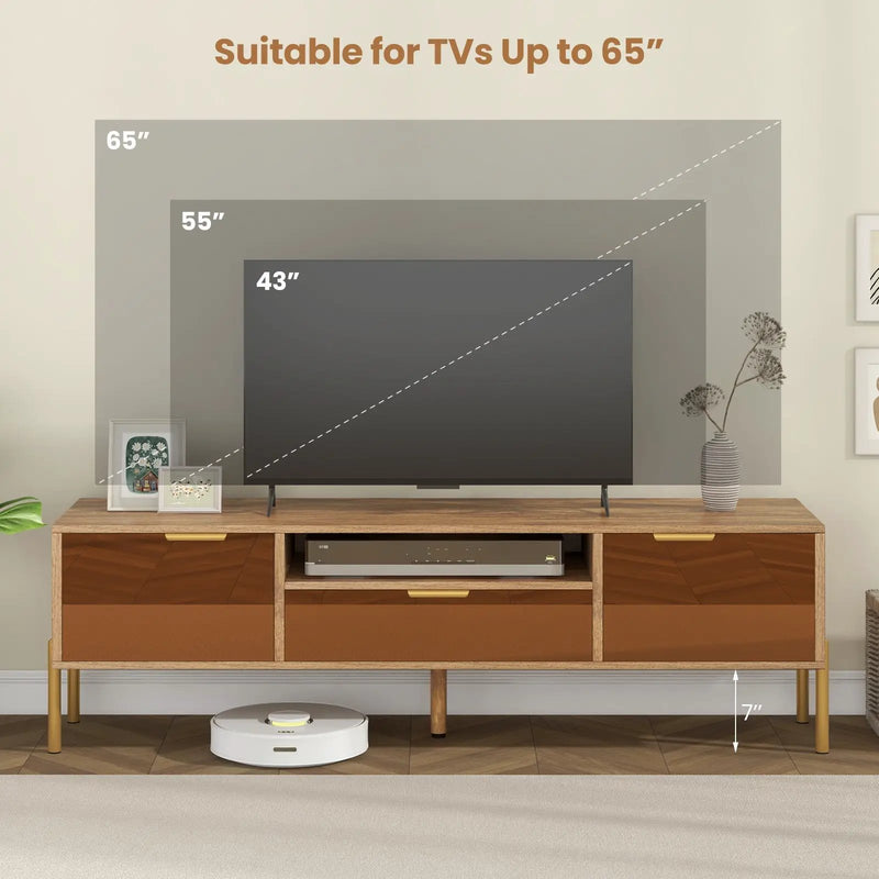 Mirrored TV Stand for TV up to 65 Inch with Spacious Tabletop and 2 Storage Cabinets-Natural by DirectDeals