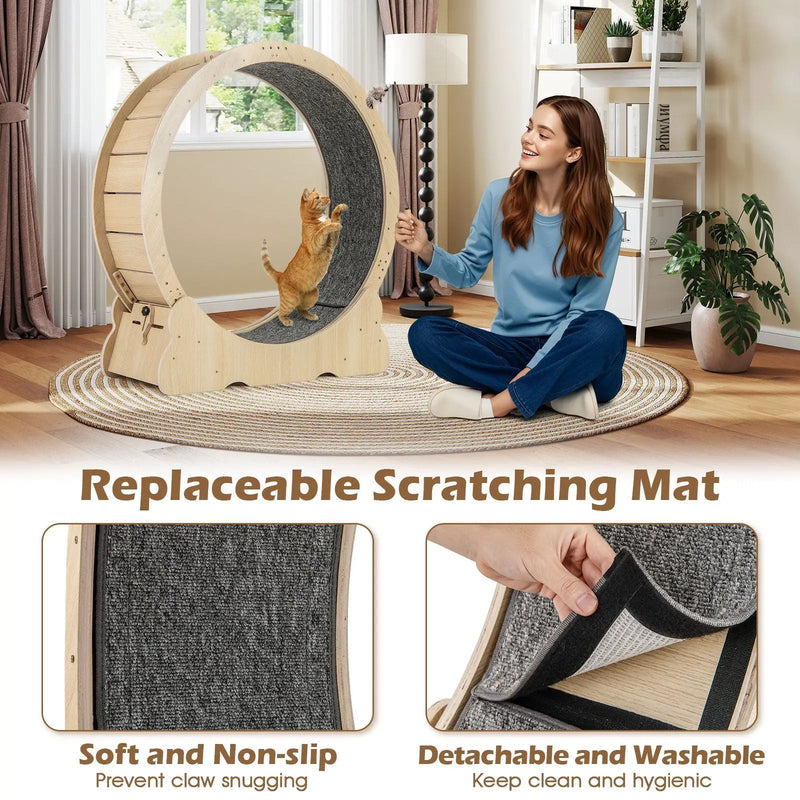 40 Inch Large Cat Exercise Wheel with Lockable Mechanism and Carpeted Runaway for Indoor Cats-Natural by DirectDeals