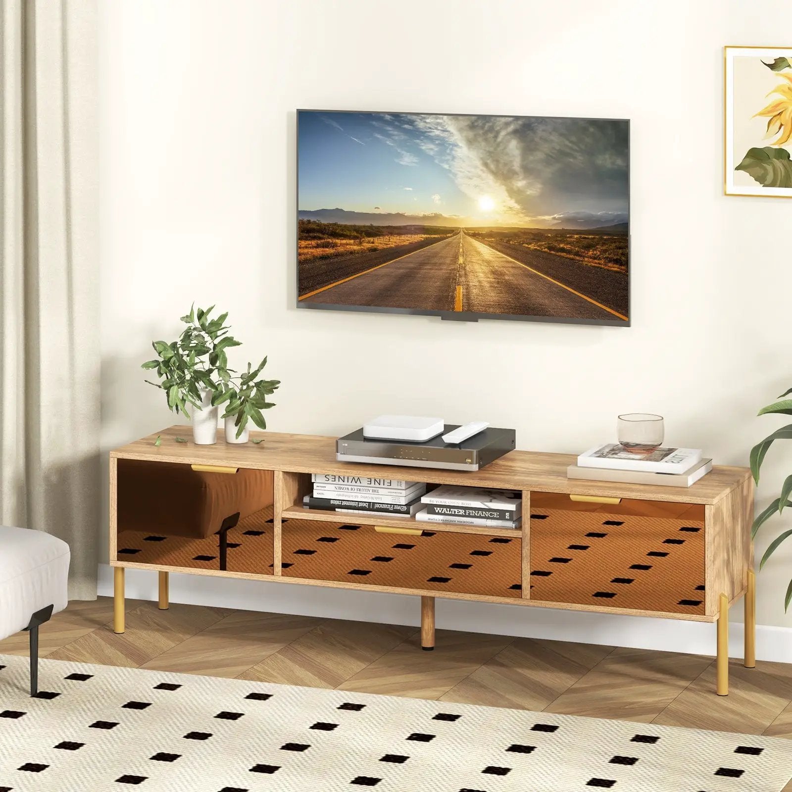 Mirrored TV Stand for TV up to 65 Inch with Spacious Tabletop and 2 Storage Cabinets-Natural by DirectDeals
