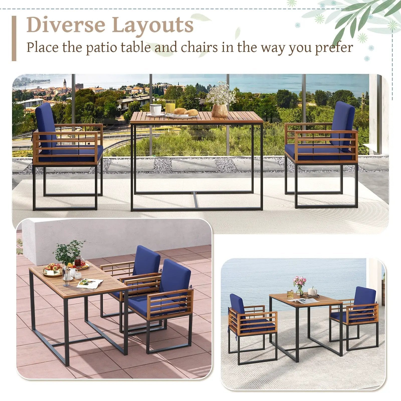 3 Pieces Outdoor Dining Set with 2 Acacia Wood Armchairs and Dining Table-Navy by DirectDeals