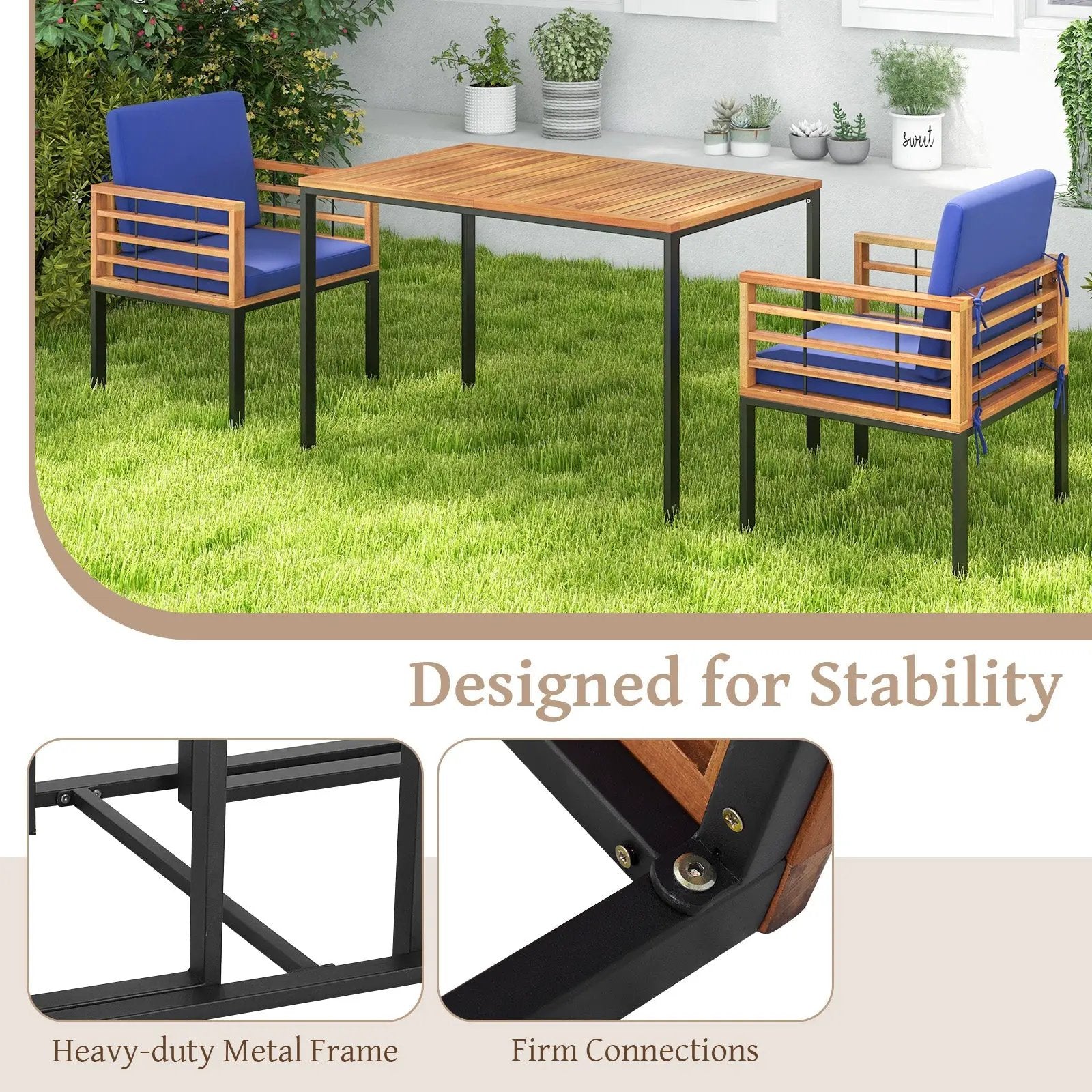 3 Pieces Outdoor Dining Set with 2 Acacia Wood Armchairs and Dining Table-Navy by DirectDeals