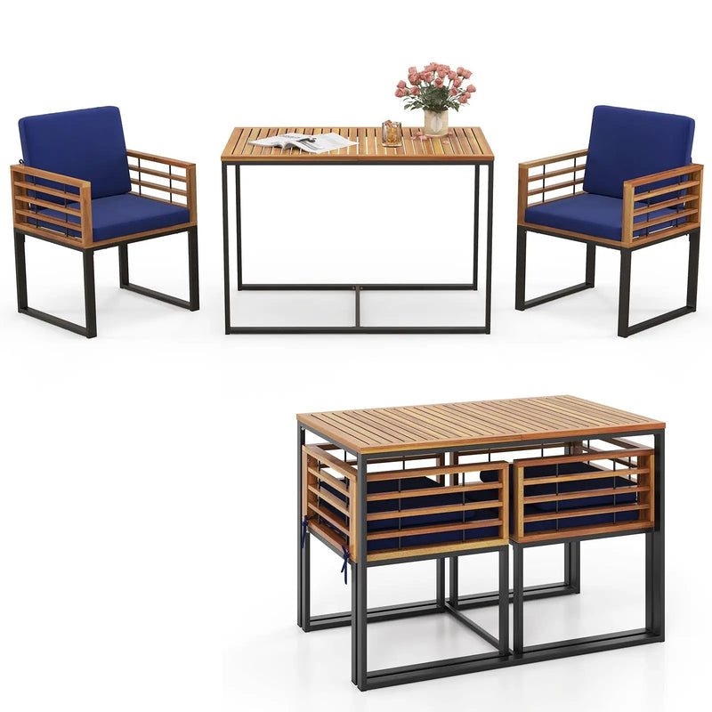 3 Pieces Outdoor Dining Set with 2 Acacia Wood Armchairs and Dining Table-Navy by DirectDeals