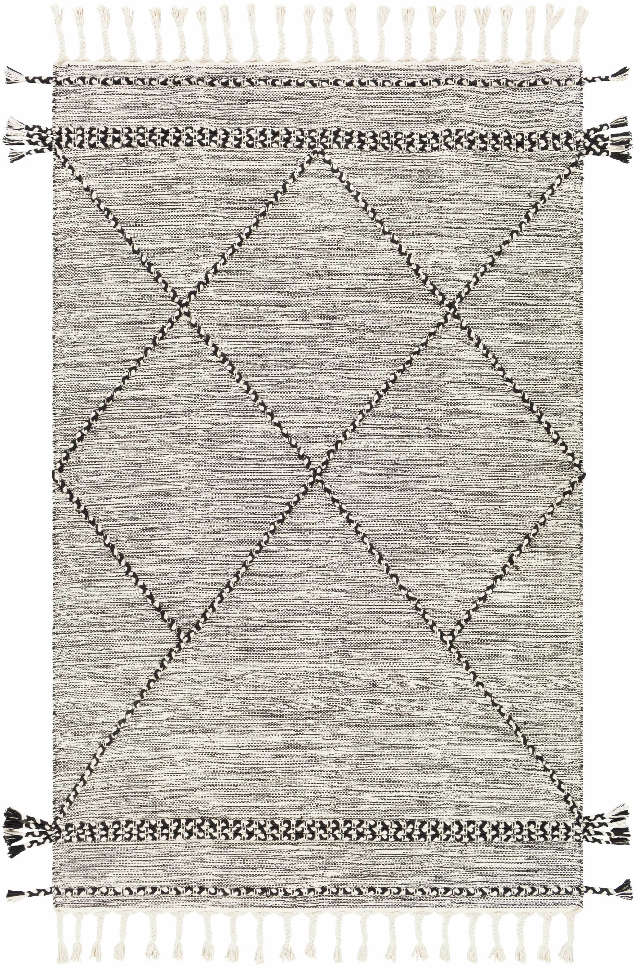 Neal Black/Cream Trellis Cotton Rug with Tassels - Clearance by Boutique Rugs