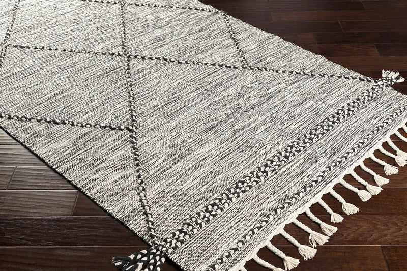 Neal Black/Cream Trellis Cotton Rug with Tassels - Clearance by Boutique Rugs