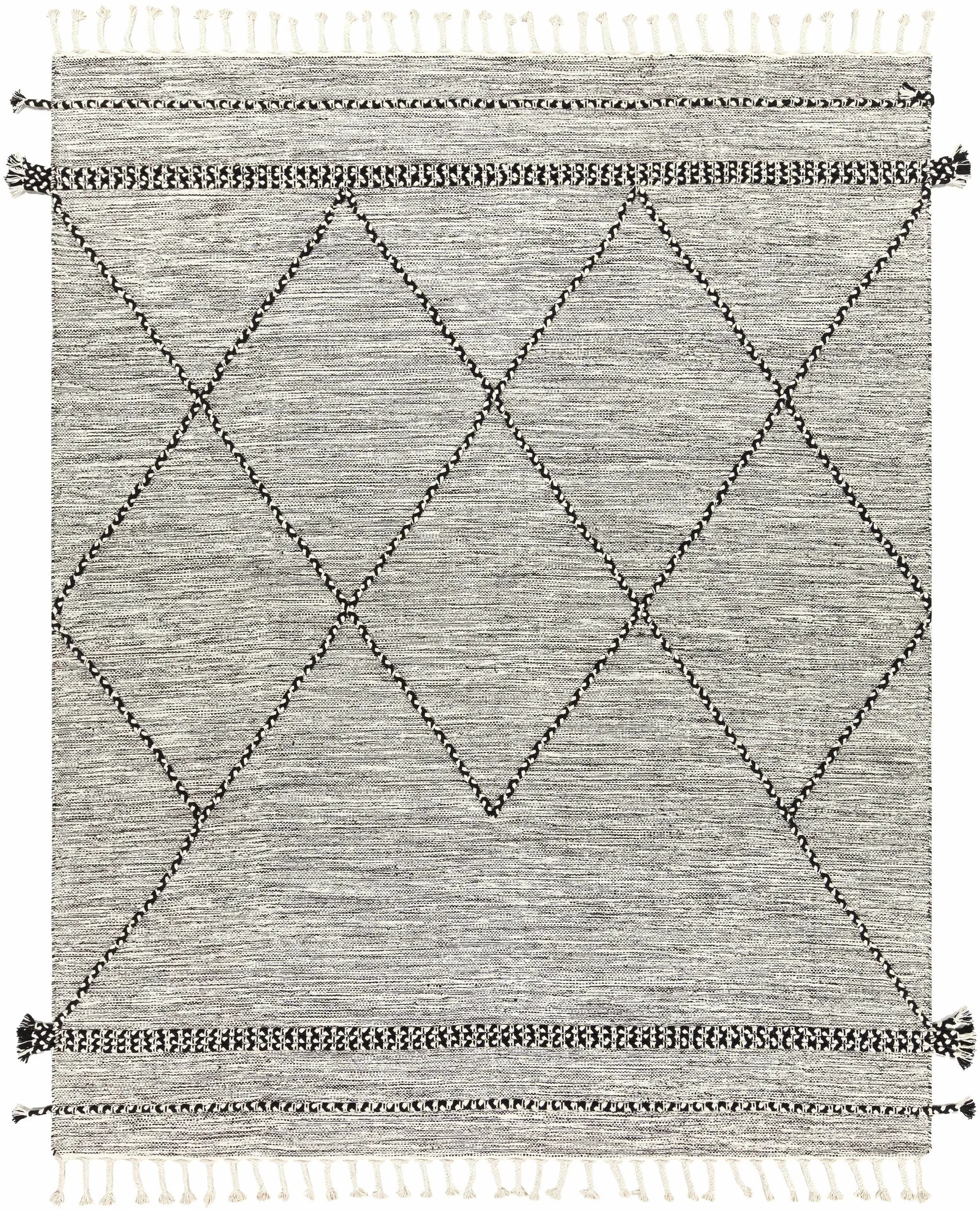 Neal Black/Cream Trellis Cotton Rug with Tassels - Clearance by Boutique Rugs