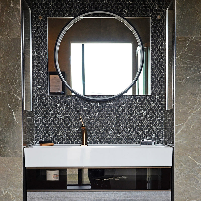 Nero Marquina Anti Slip Hexagon Glass Mosaics 11 3/4x11 1/2 Glass Anti Slip 12x12 Mosaics — 3