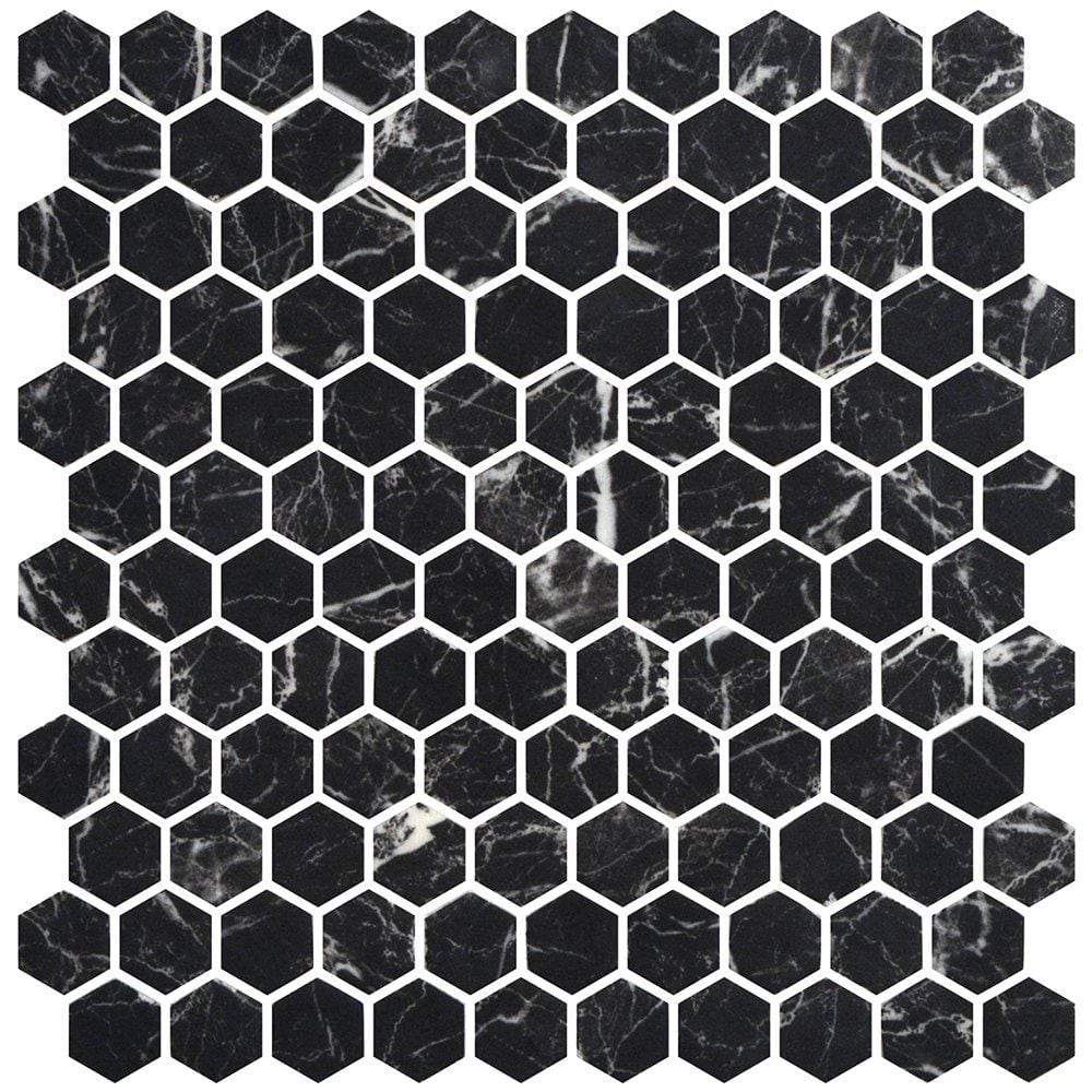 Nero Marquina Anti Slip Hexagon Glass Mosaics 11 3/4x11 1/2 Glass Anti Slip 12x12 Mosaics