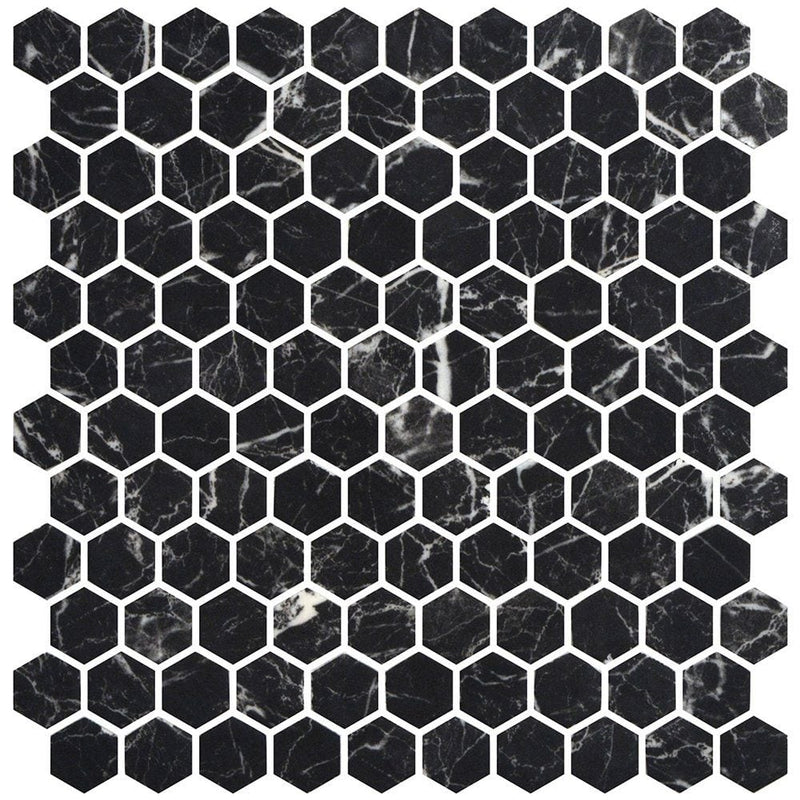 Nero Marquina Anti Slip Hexagon Glass Mosaics 11 3/4x11 1/2 Glass Anti Slip 12x12 Mosaics