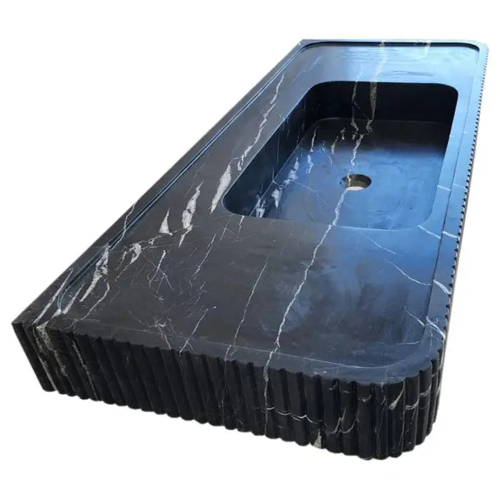Nero Marquina Black Marble Hand Carved Fluted Wall Mount Bathroom Vanity Sink 48 x 20 by GobekDesign