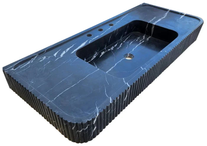 Nero Marquina Marble Wall-mount Bathroom Vanity Sink Fluted Front (W)20" (L)48" (H)5" by GobekDesign