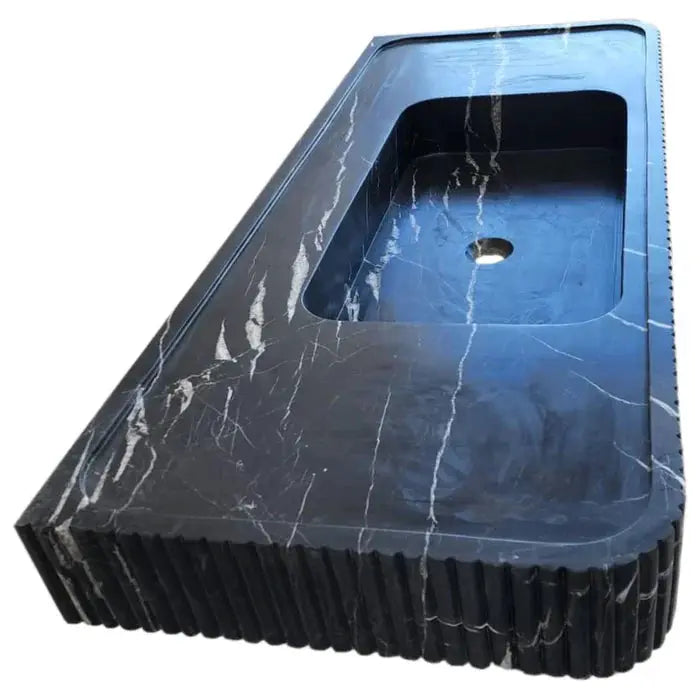 Nero Marquina Black Marble Hand Carved Fluted Wall Mount Bathroom Vanity Sink 48 x 20 by GobekDesign