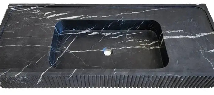 Nero Marquina Black Marble Hand Carved Fluted Wall Mount Bathroom Vanity Sink 48 x 20 by GobekDesign