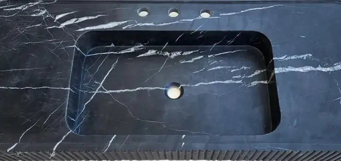 Nero Marquina Black Marble Hand Carved Fluted Wall Mount Bathroom Vanity Sink 48 x 20 by GobekDesign