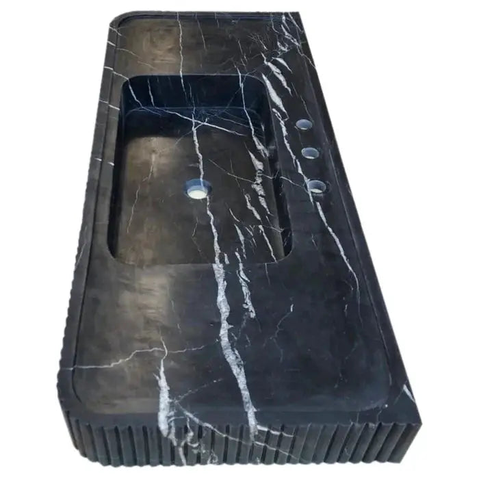 Nero Marquina Black Marble Hand Carved Fluted Wall Mount Bathroom Vanity Sink 48 x 20 by GobekDesign
