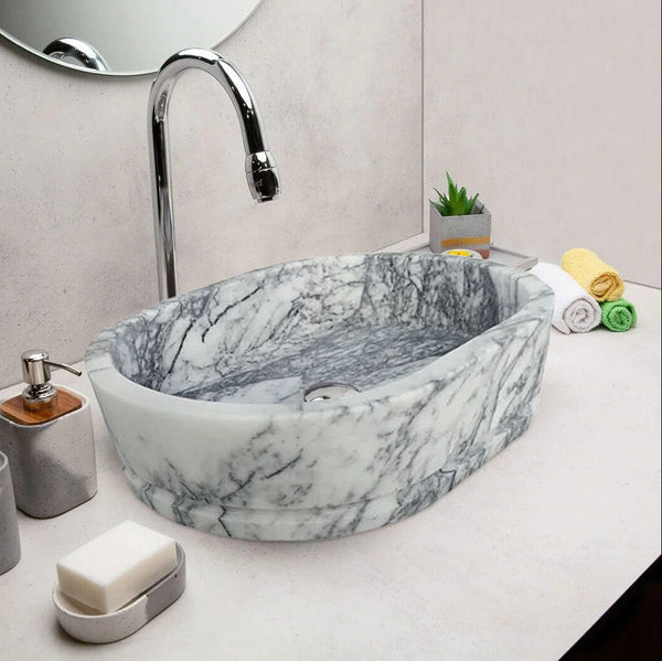 Handcrafted Turkish Marble Ellipse Wall Mount Sink 13.5x19.6x5