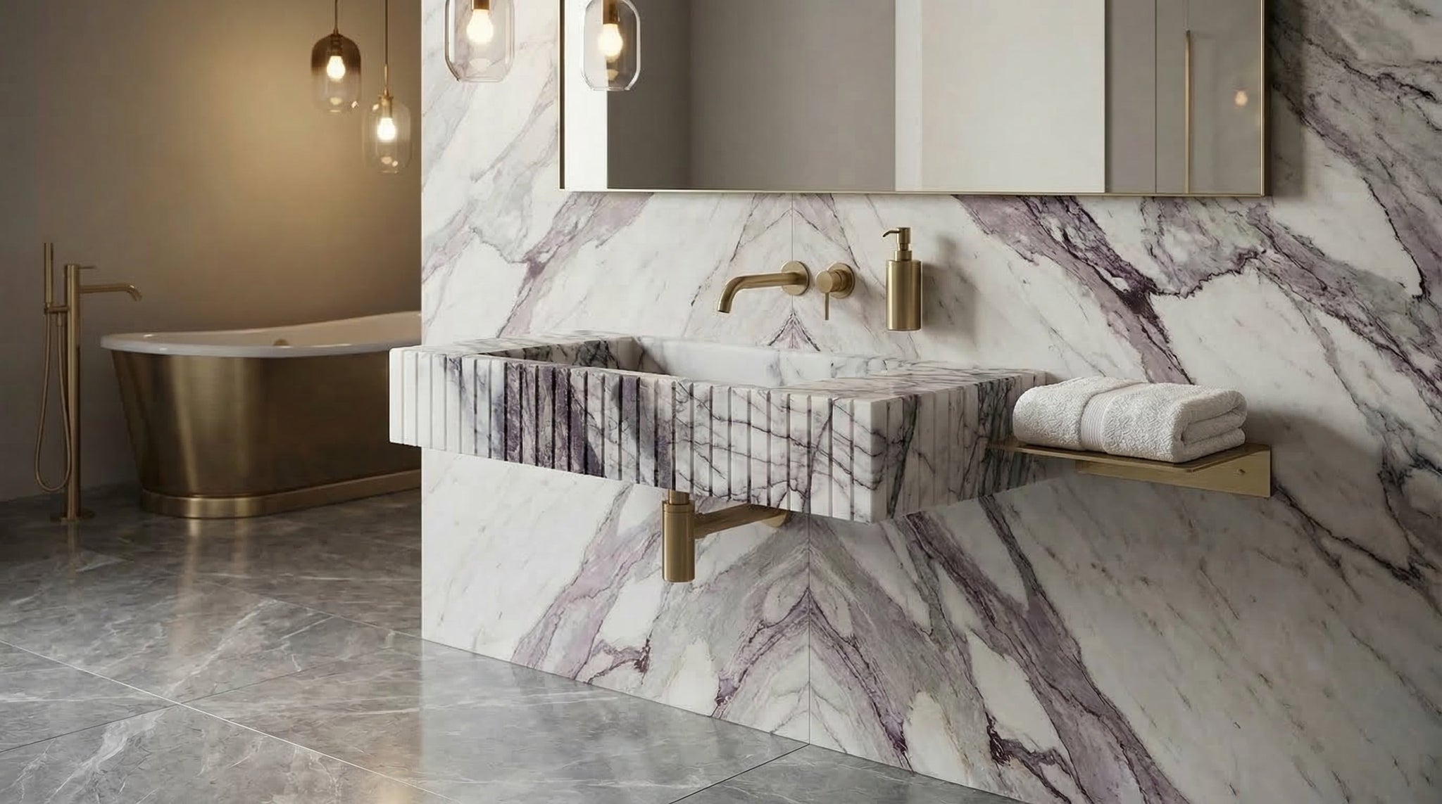 Modern bathroom with marble sink and bathtub New York Marble Wall-mount Bathroom Sink Fluted Front (W)12" (L)20" (H)5" wide view